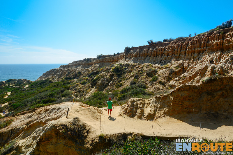 Descending at the Torrey PInes State Reserve Beach trail with stunning rock formations